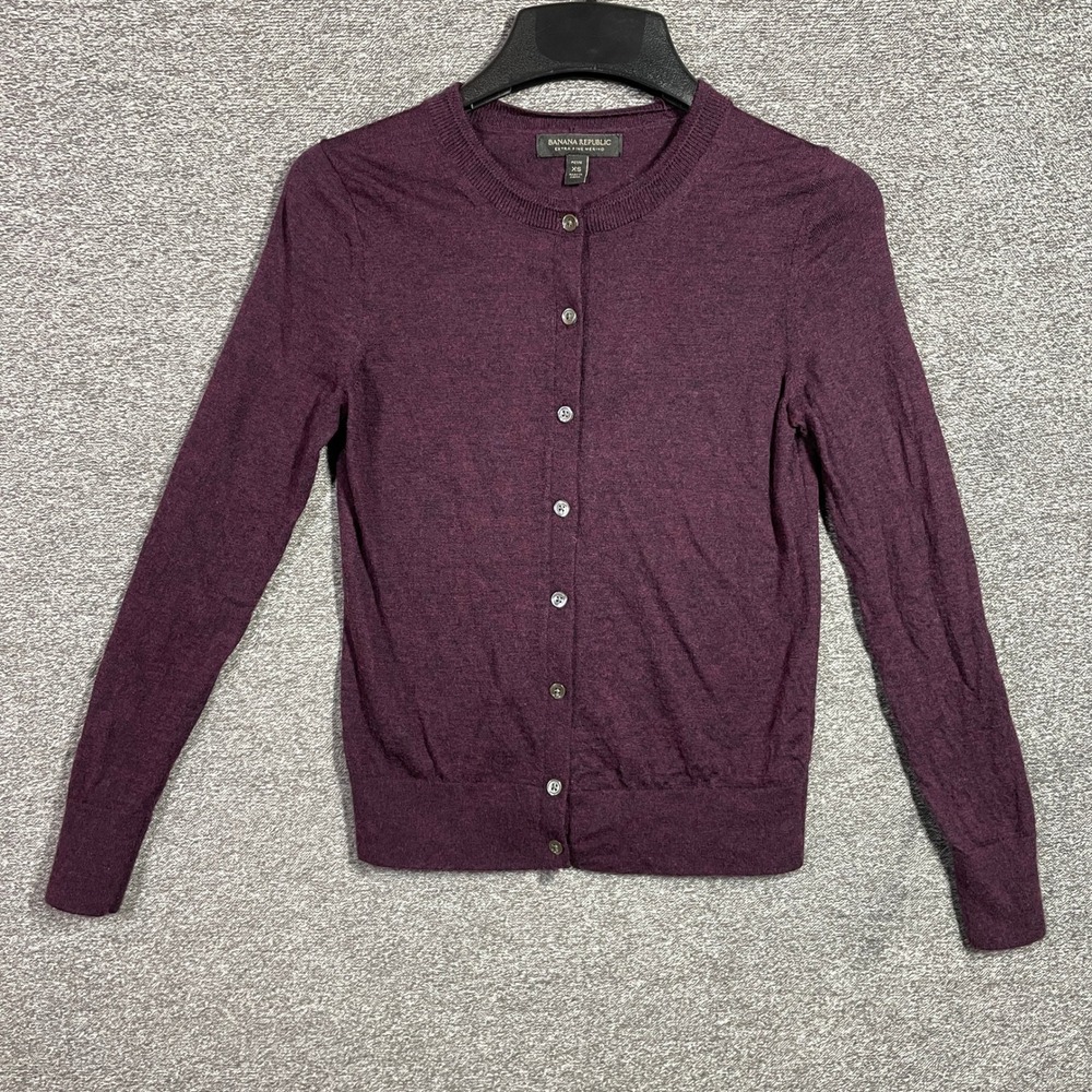 Banana Republic Extra Fine Merino Wool Cardigan Plum Purple Petite XS Sweater